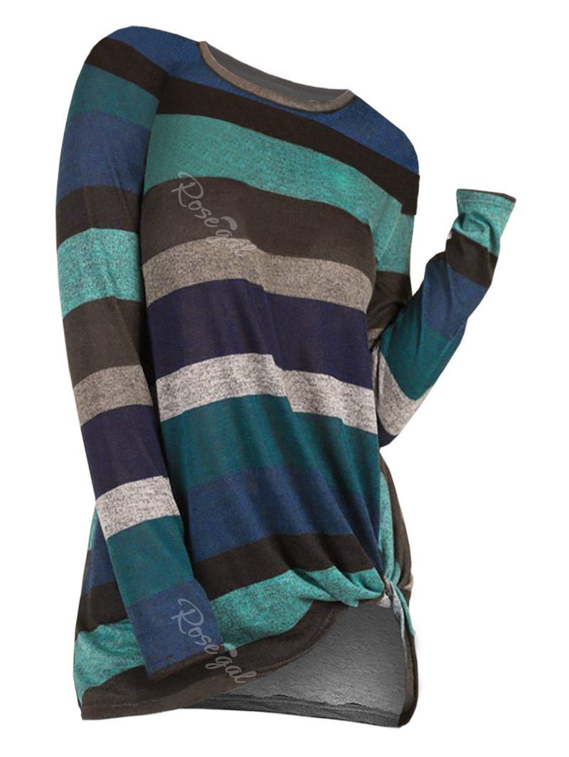 

Plus Size Colorblock Stripe Front Knot Top, Greenish blue