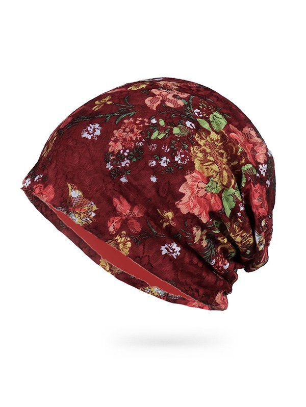 

Casual Floral Pattern Skull Beanie, Red wine