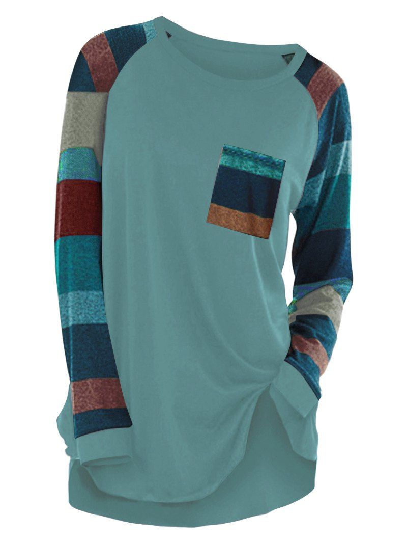

Raglan Sleeve Striped Pocket Longline T-shirt, Blue hosta