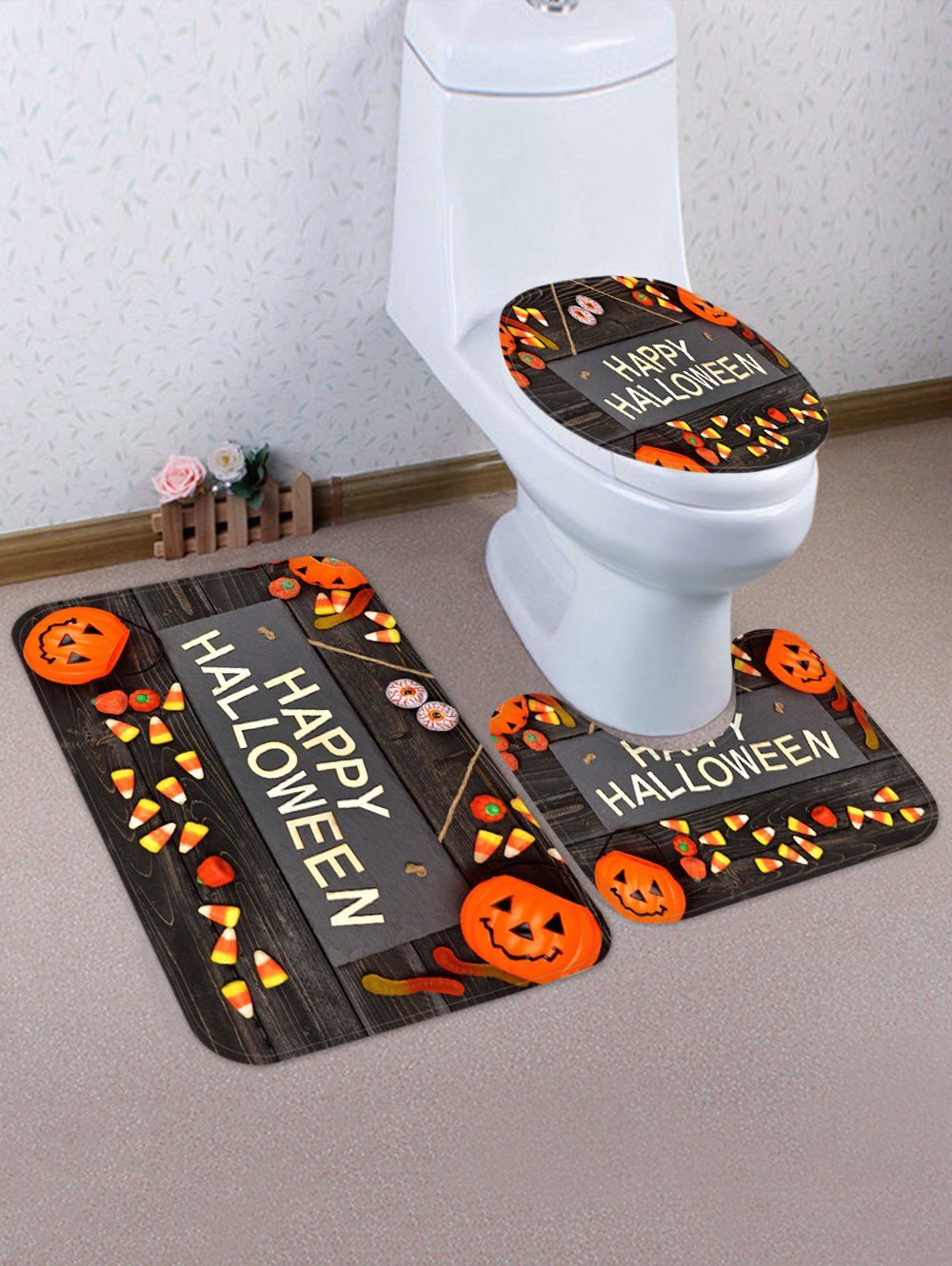 

Halloween Pumpkin Wooden Board Pattern 3 Pcs Toilet Mat Set, Multi