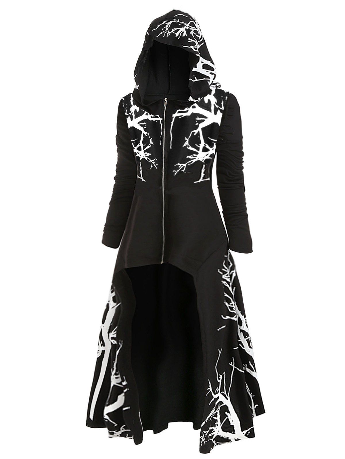 

Plus Size Halloween Hooded High Low Tree Print Coat, Black