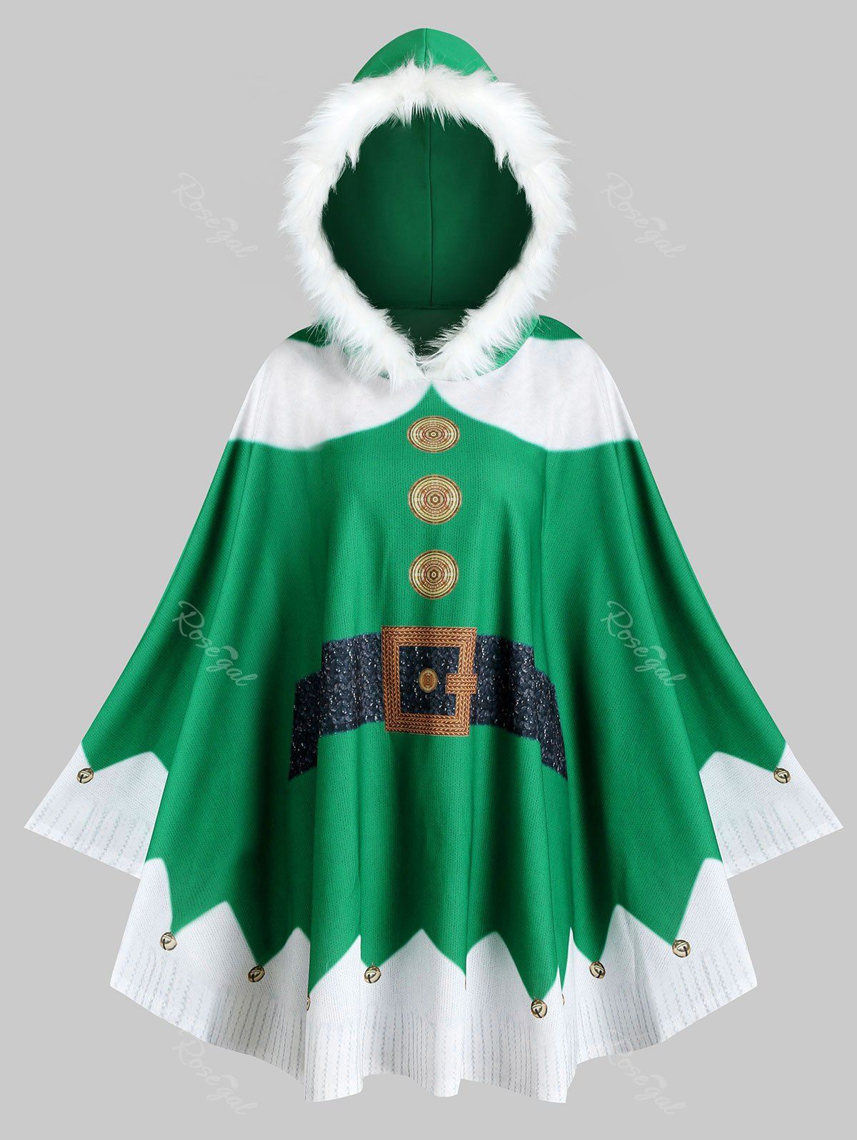 

Plus Size Faux Fur Hooded Bell Print Poncho Coat, Deep green