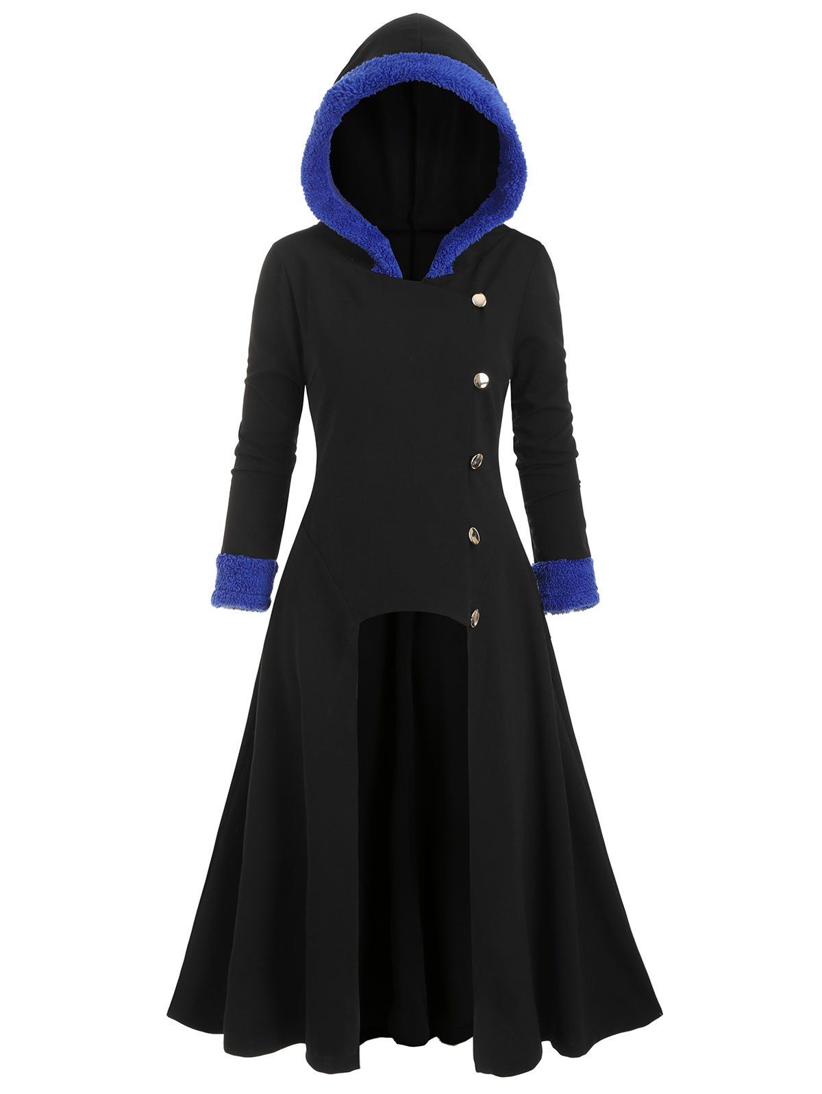 

Hooded Colorblock Dip Hem Longline Trench Coat, Black