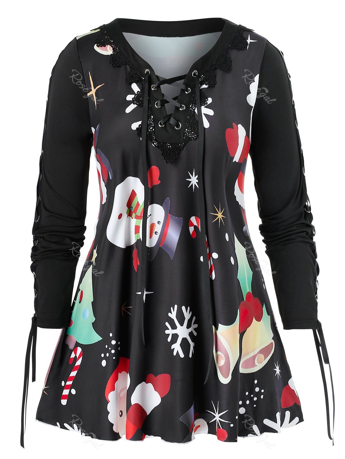 

Plus Size Lace Up Tunic V Neck Christmas T Shirt, Black