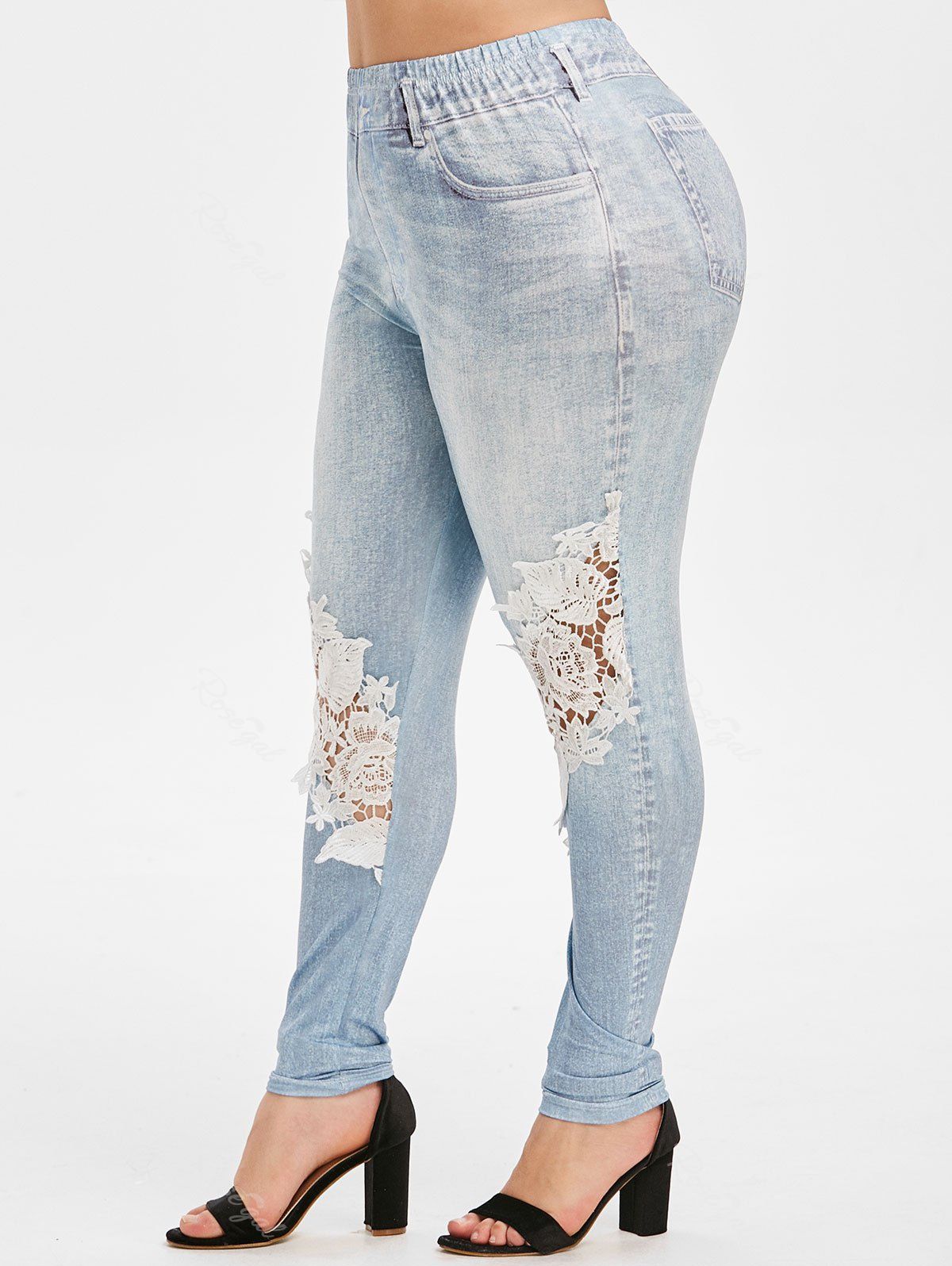 

High Waisted 3D Printed Lace Patched Plus Size Jeggings, Blue