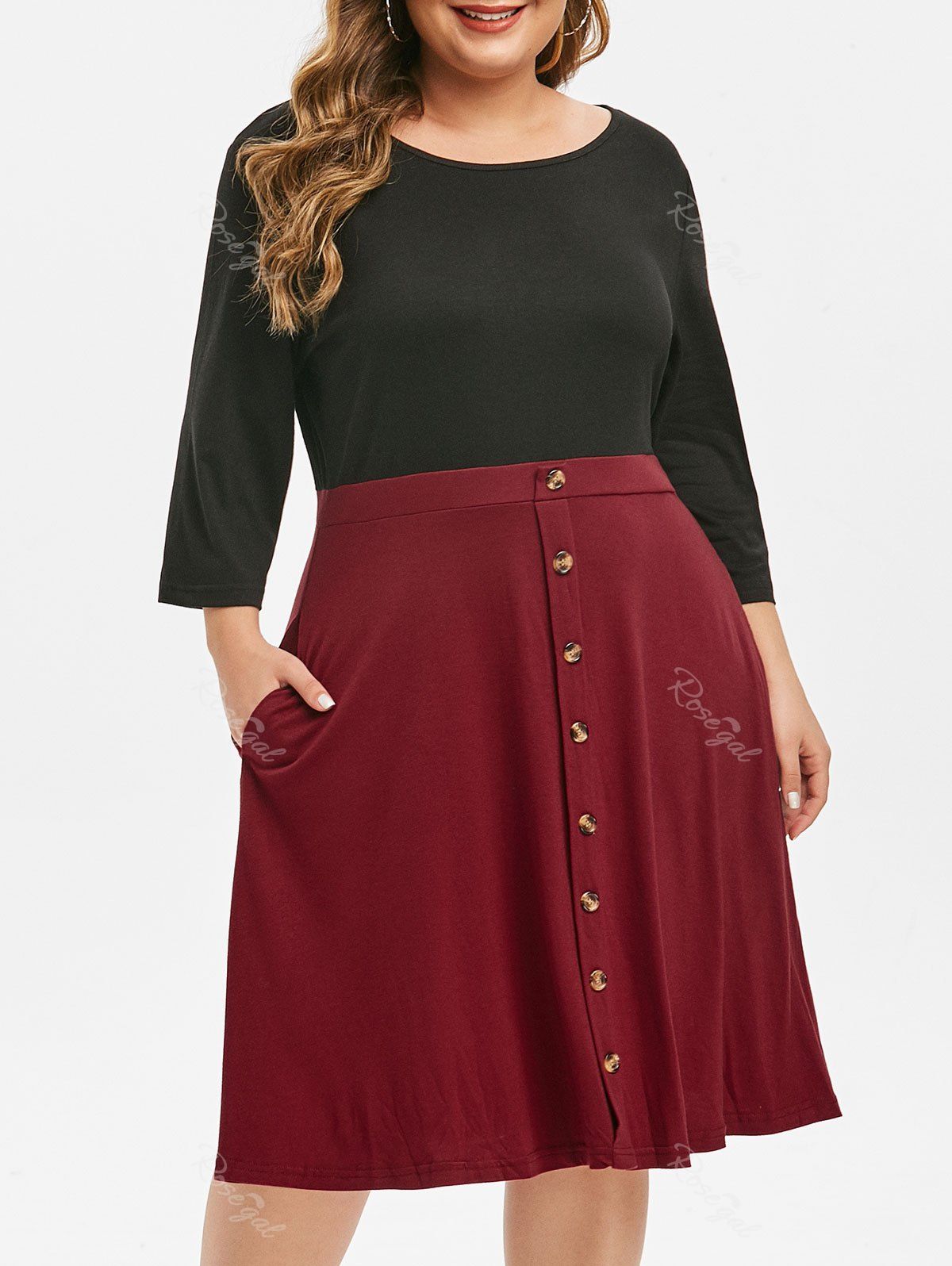 

Plus Size Two Tone Button Embellished Dress, Red wine