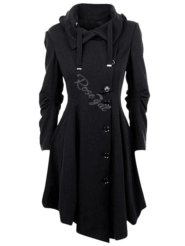 

Plus Size Asymmetrical Single Breasted Long Wool Coat, Black