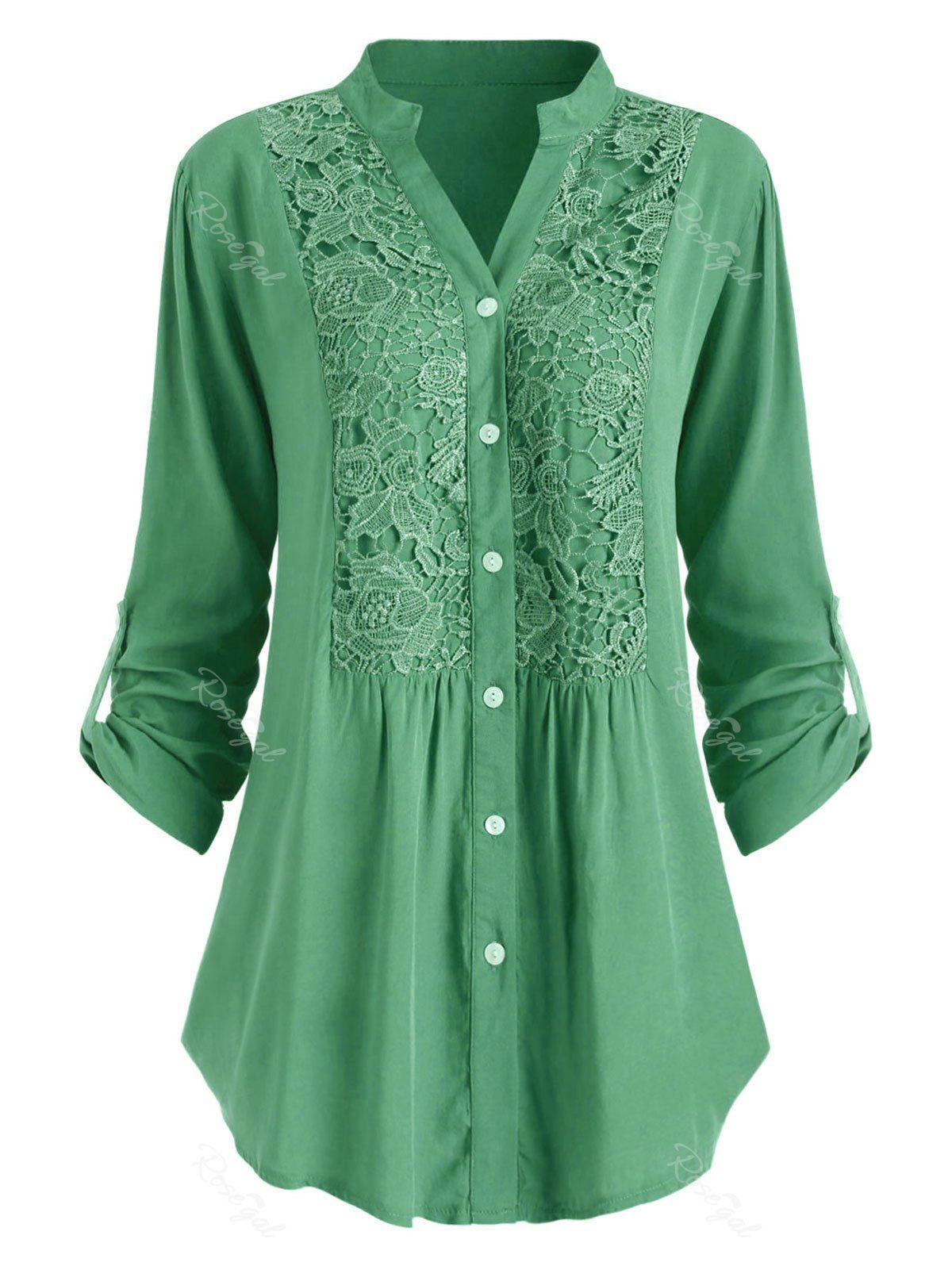 

Plus Size Roll Up Sleeve Lace Crochet Shirt, Yellow green