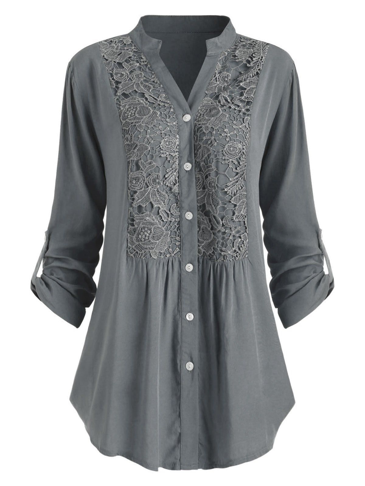 

Plus Size Roll Up Sleeve Lace Crochet Shirt, Gray