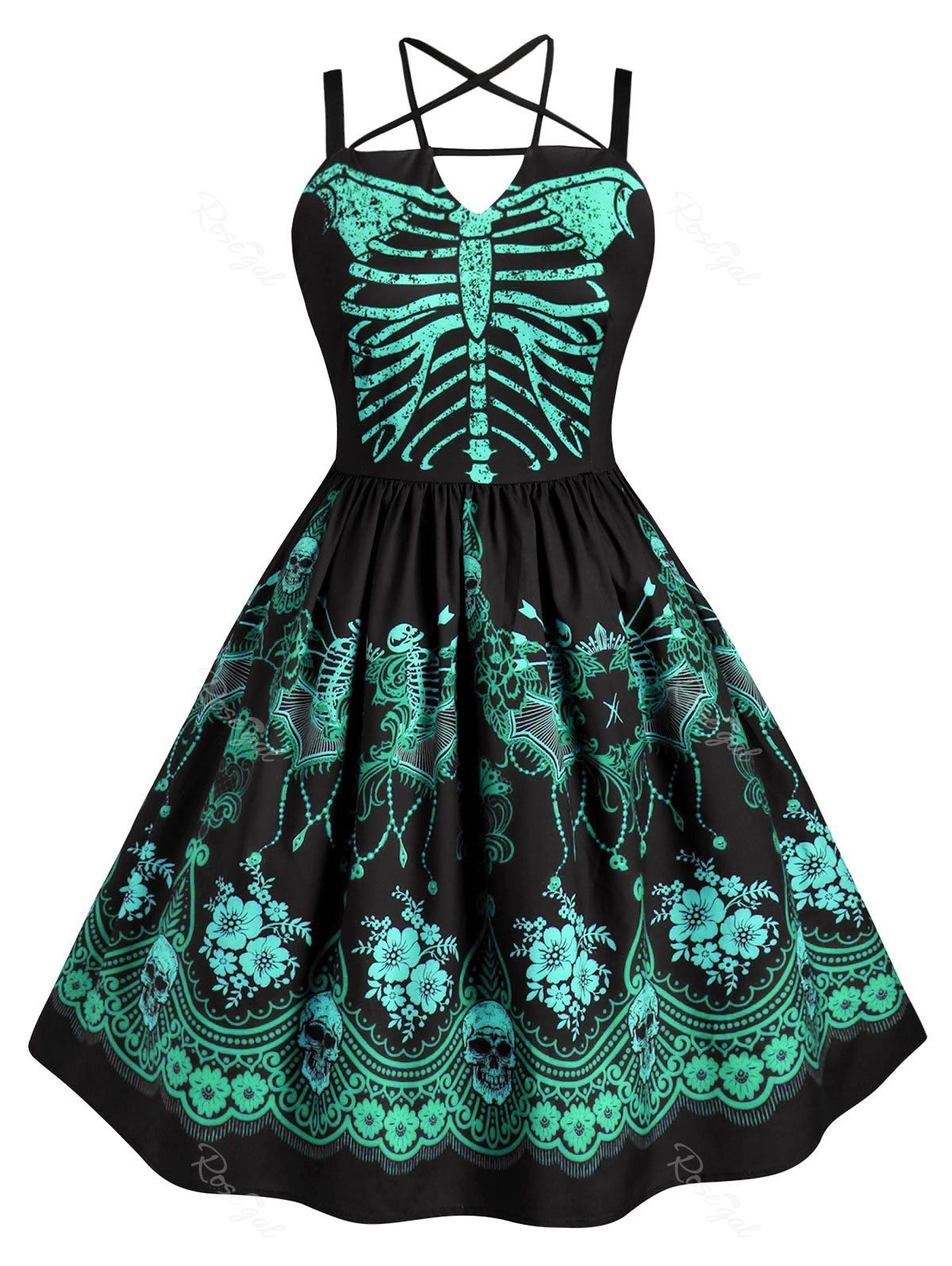 

Skeleton Print Harness Criss Cross Halloween Plus Size Dress, Green