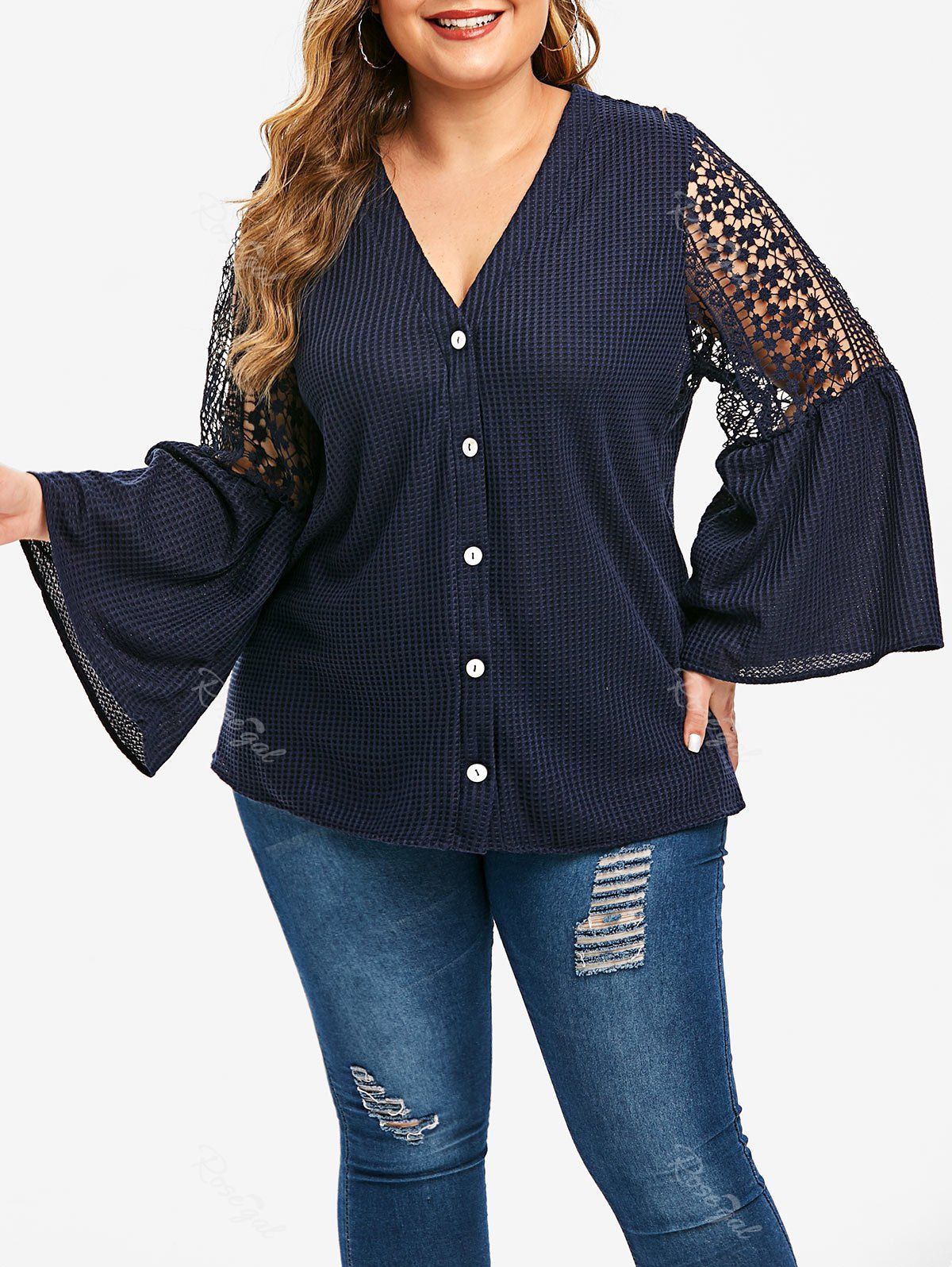 

Plus Size Lace Panel Button Up Cardigan, Blue