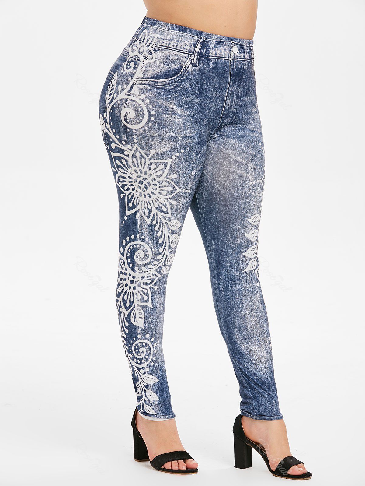 

Pull On High Waisted 3D Printed Plus Size Jeggings, Blue