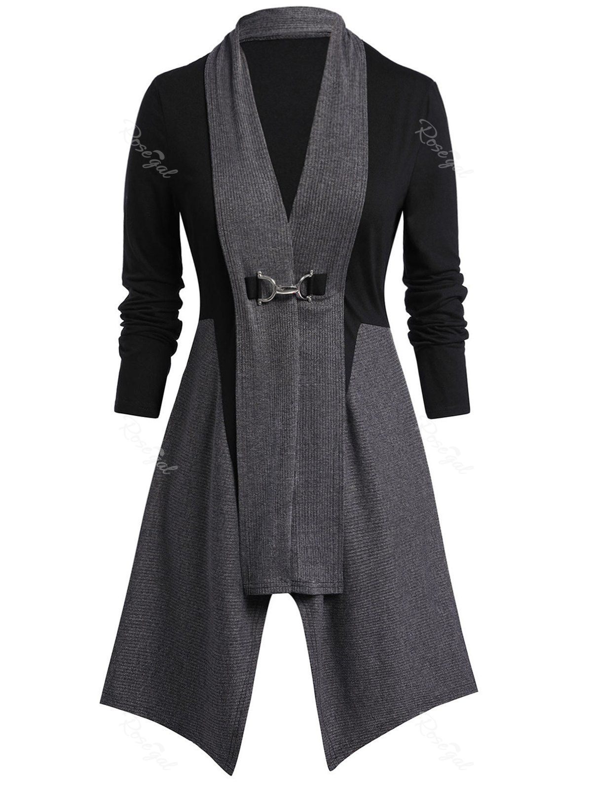 

Plus Size Contrast Color Asymmetrical Buckle Cardigan, Black