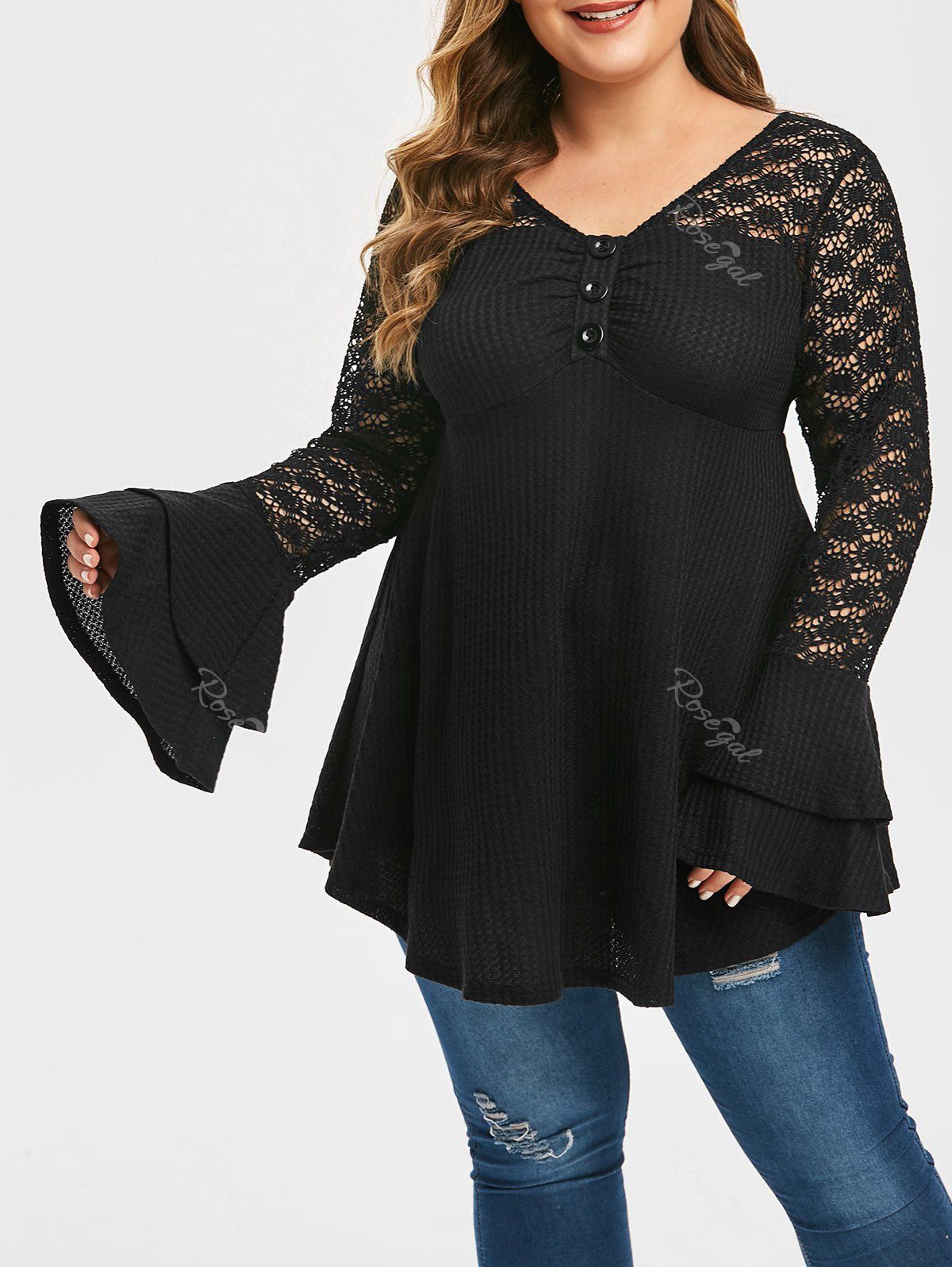 

Plus Size Lace Panel Buttons Bell Sleeve Knit Top, Black
