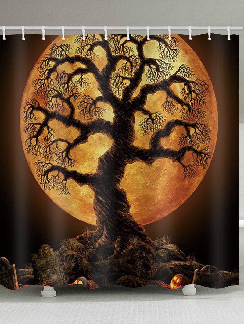 

Halloween Tree Moon Night Print Waterproof Bathroom Shower Curtain, Halloween orange