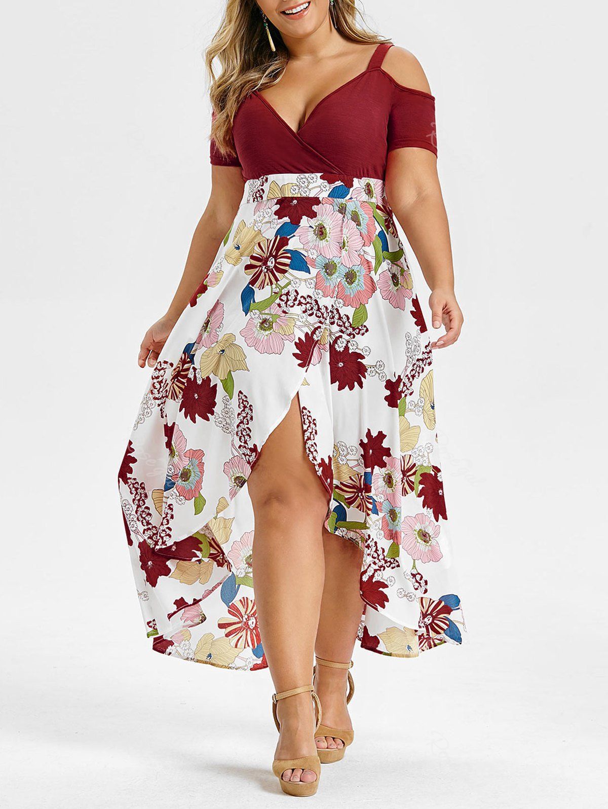 

Plus Size Open Shoulder Floral Overlap Maxi Dress, Multi