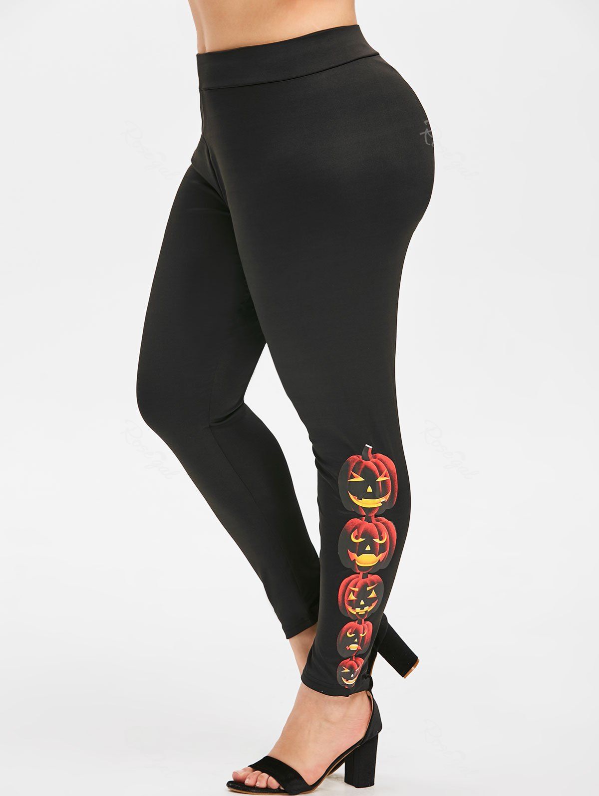 

Plus Size Halloween Pumpkin Print High Waisted Leggings, Black