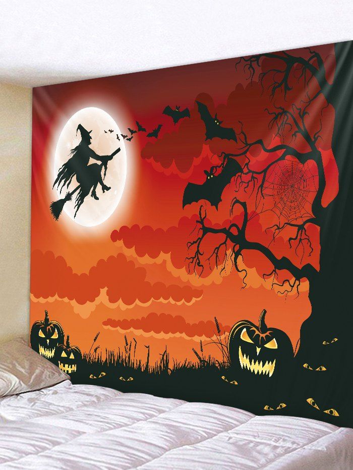 

Halloween Night Witch Pumpkin Print Tapestry Wall Hanging Art Decoration, Halloween orange