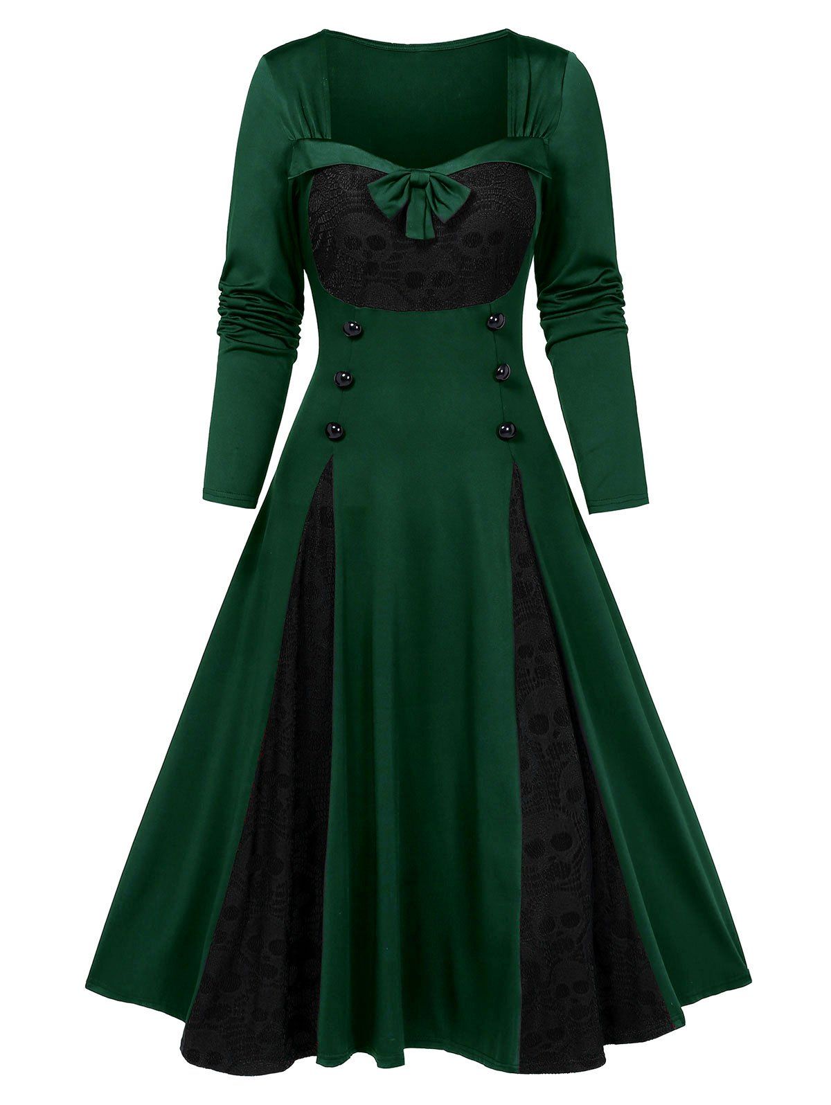

Halloween Skull Lace Insert Long Sleeve Mock Button Dress, Deep green
