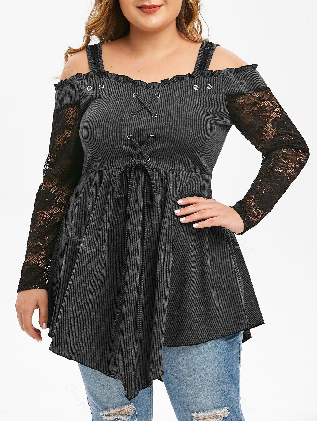 

Plus Size Ruffle Lace Up Open Shoulder Ripped T Shirt, Carbon gray