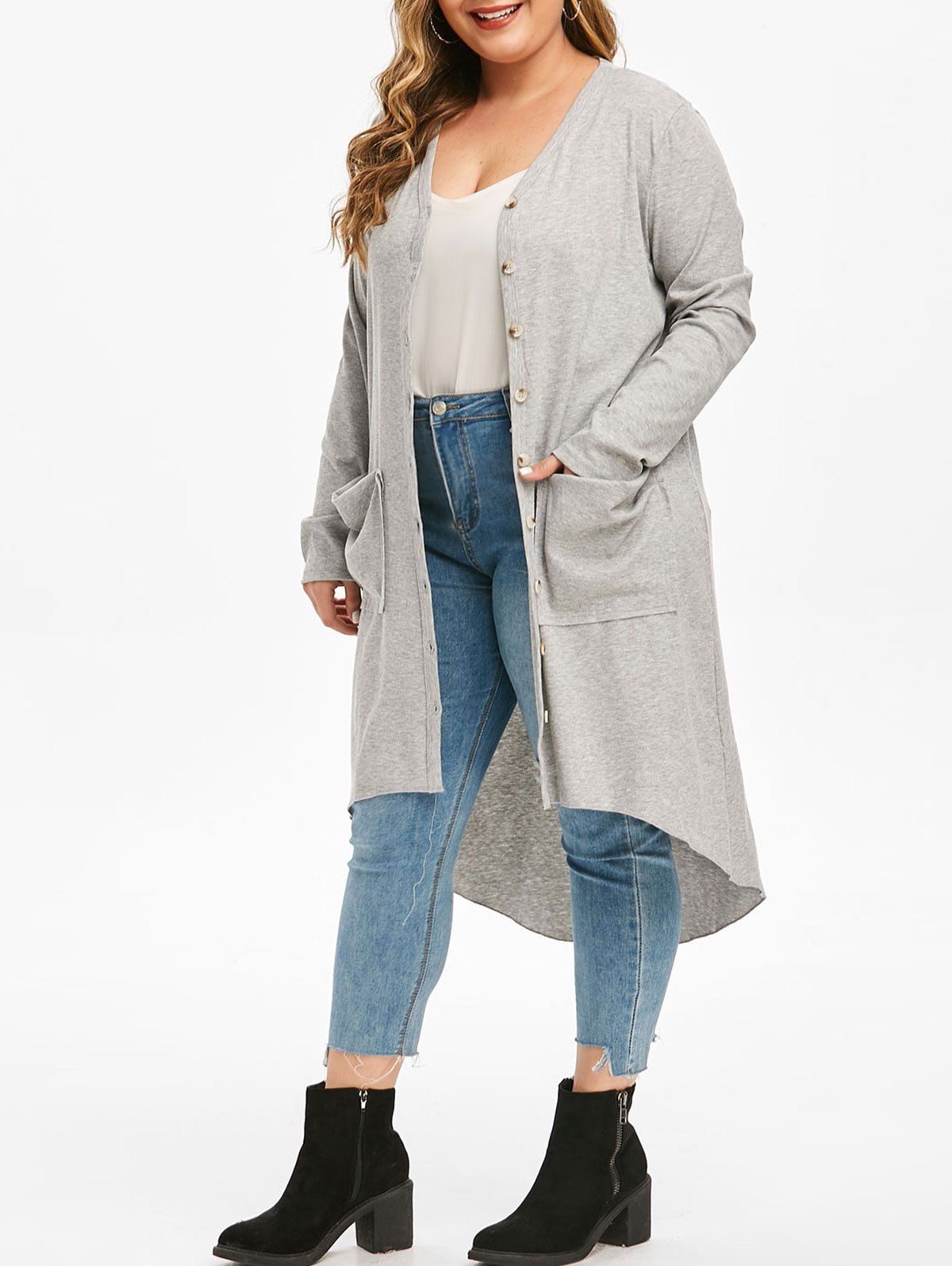 

Pockets Button Up Ribbed High Low Plus Size Cardigan, Light gray