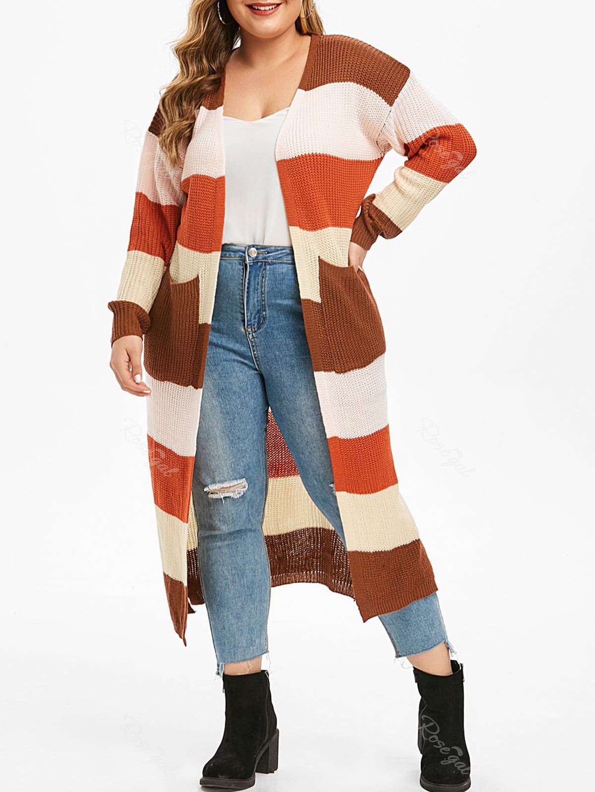 

Plus Size Pockets Stripe Slit Open Front Cardigan, Cinnamon