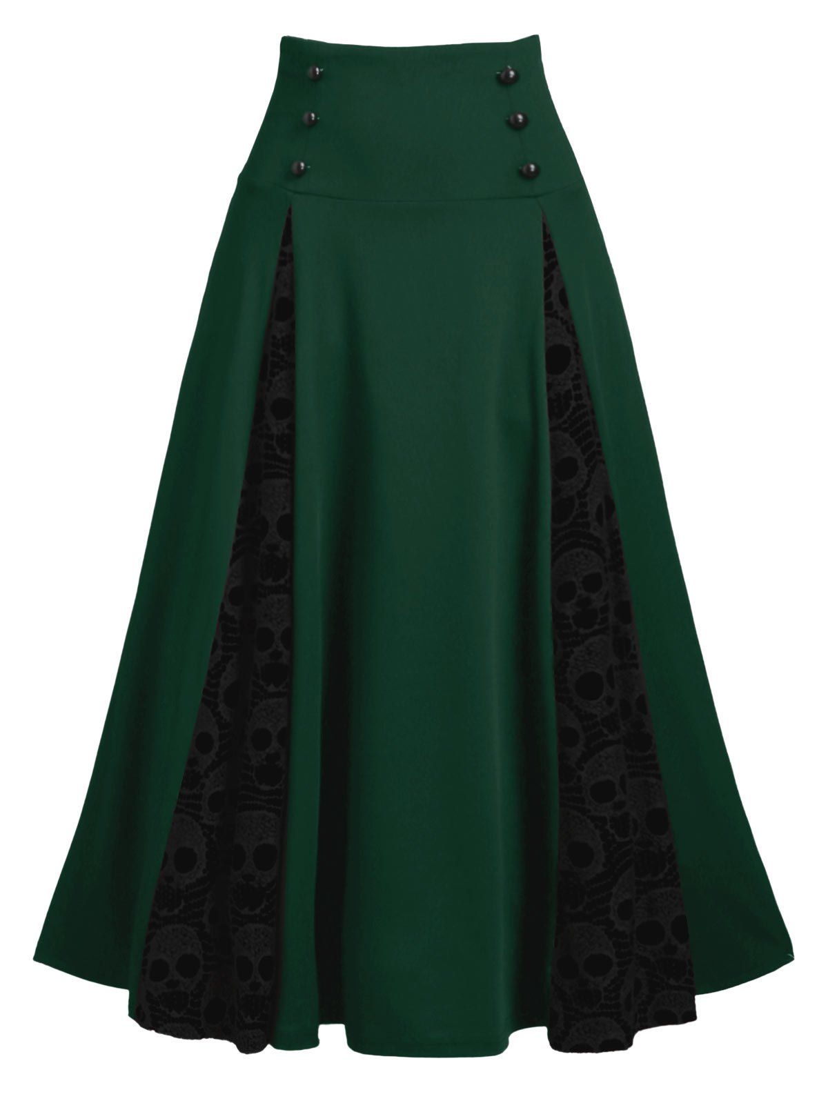 

Halloween Skull Lace Insert Mock Button Lace-up Skirt, Dark forest green