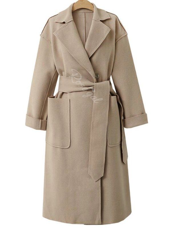 

Plus Size Pockets Belted Long Wool Coat, Apricot