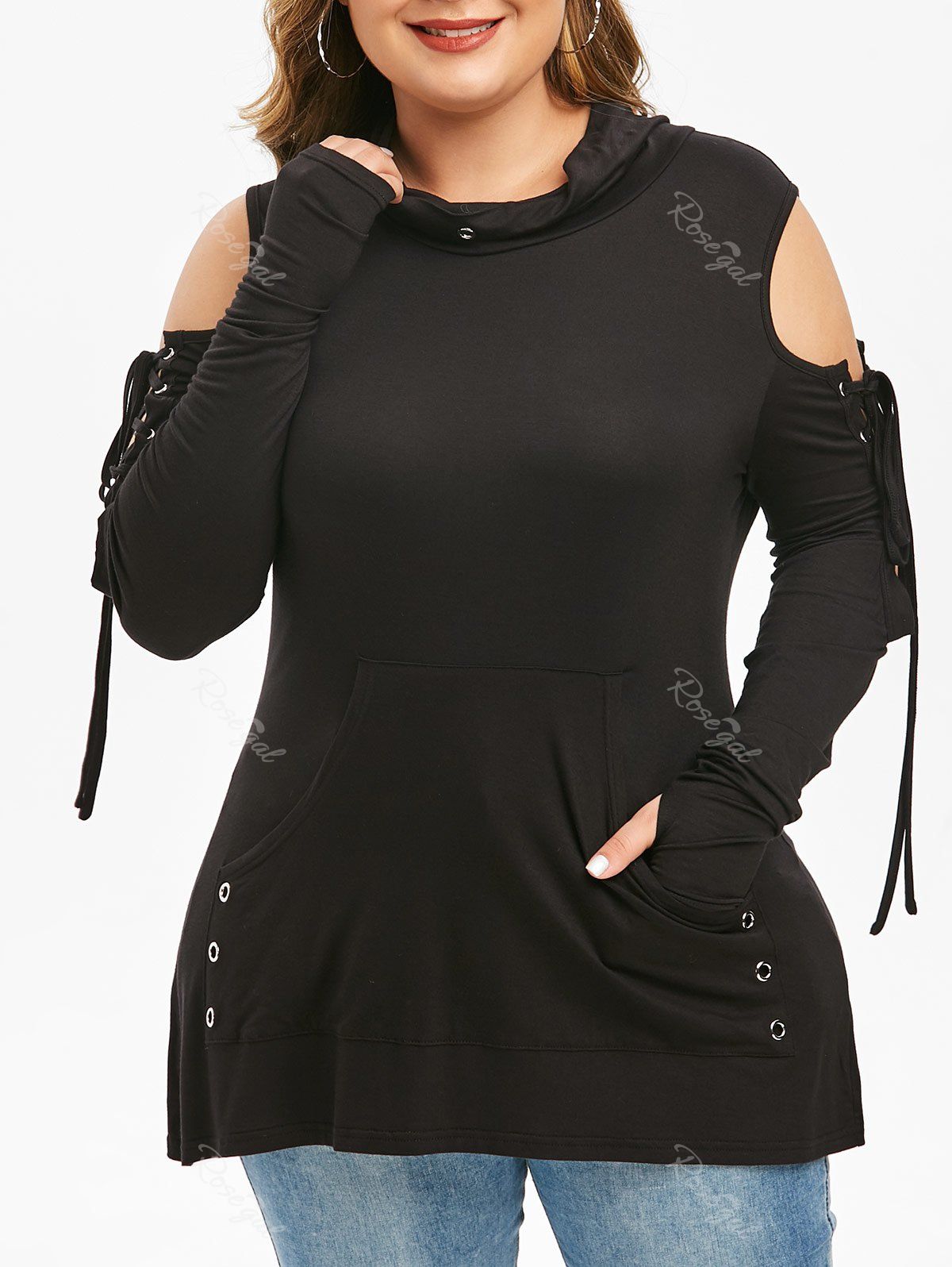 

Plus Size Cowl Neck Grommets Lace Up Gothic Tee, Black