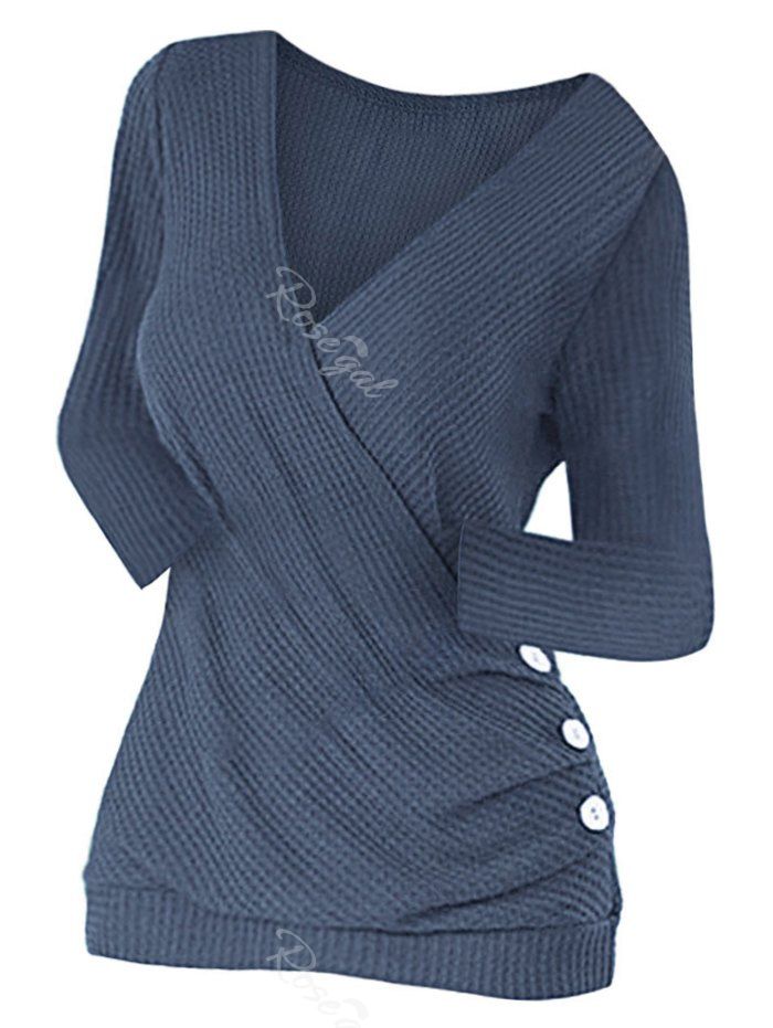 

Plus Size Buttons Surplice Knit Top, Blue ivy