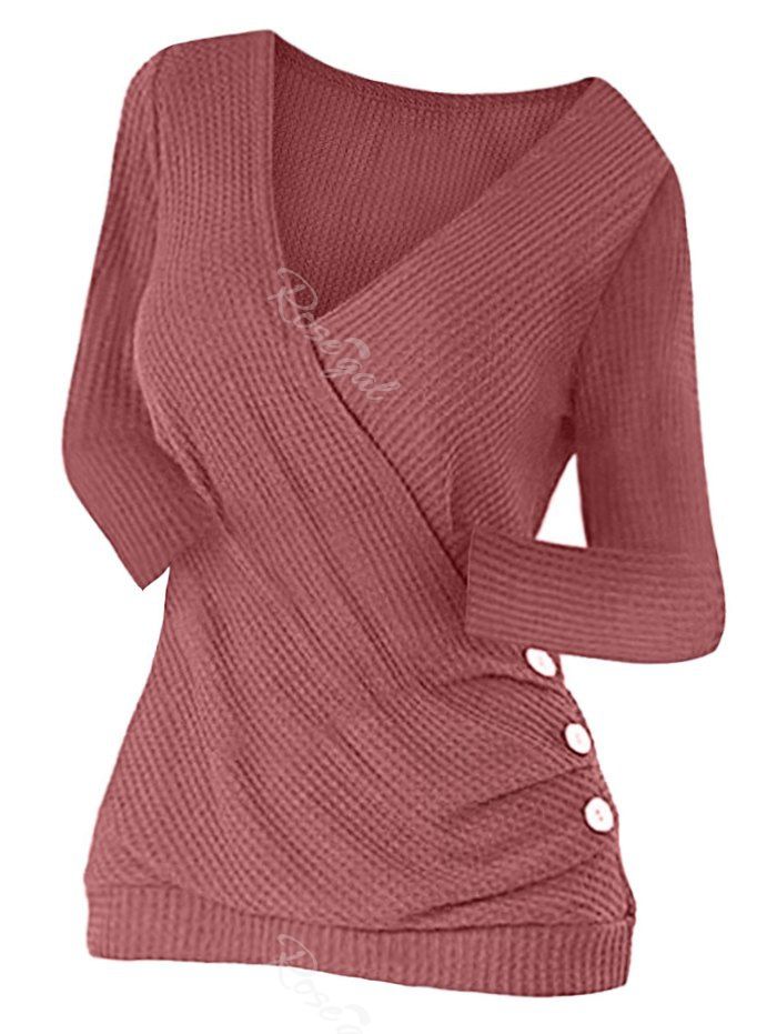 

Plus Size Buttons Surplice Knit Top, Cherry red