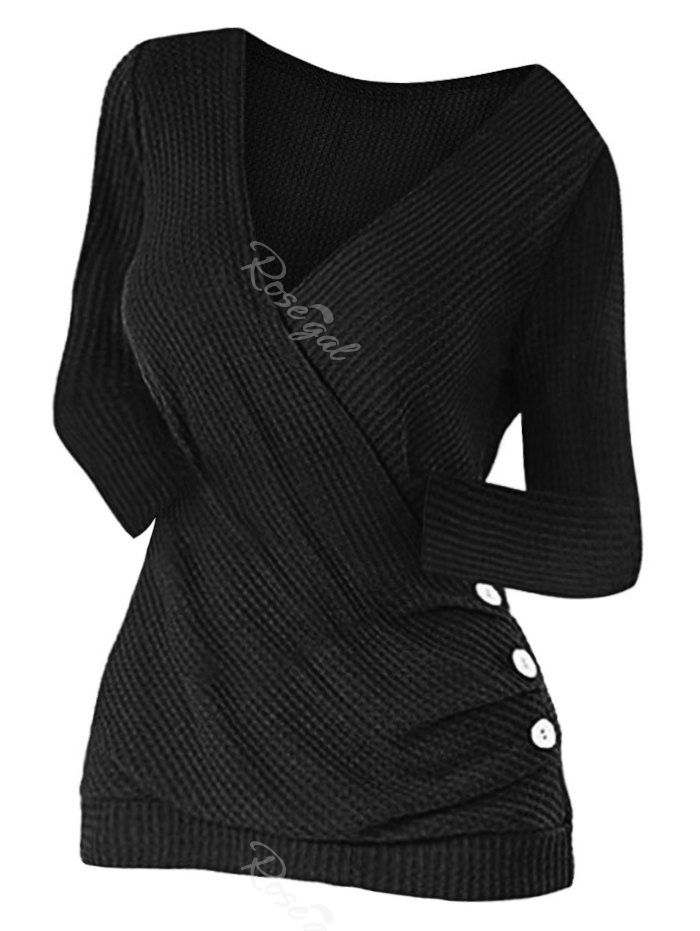 

Plus Size Buttons Surplice Knit Top, Black