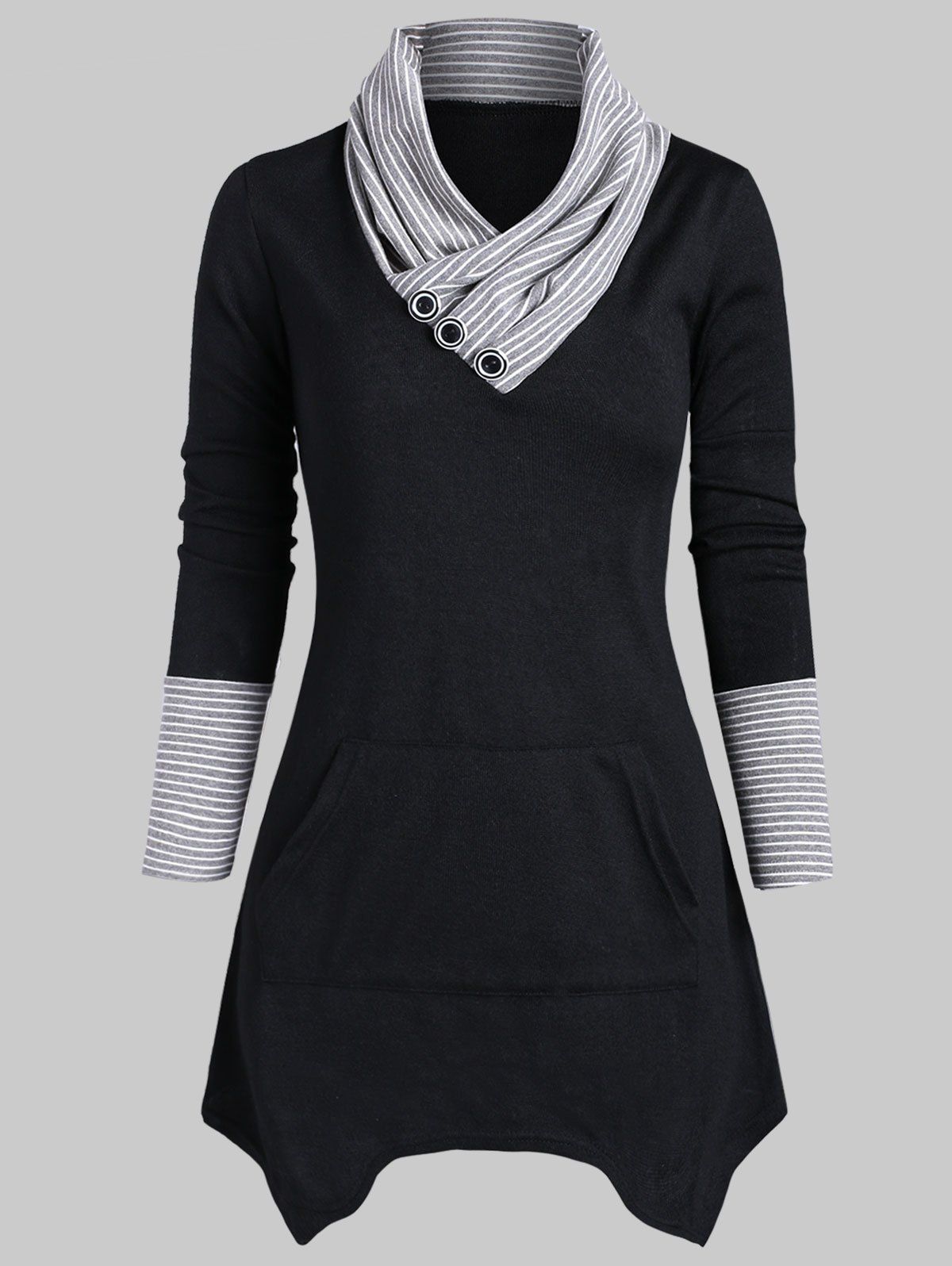 

Striped Mock Button Asymmetrical Knitwear, Black