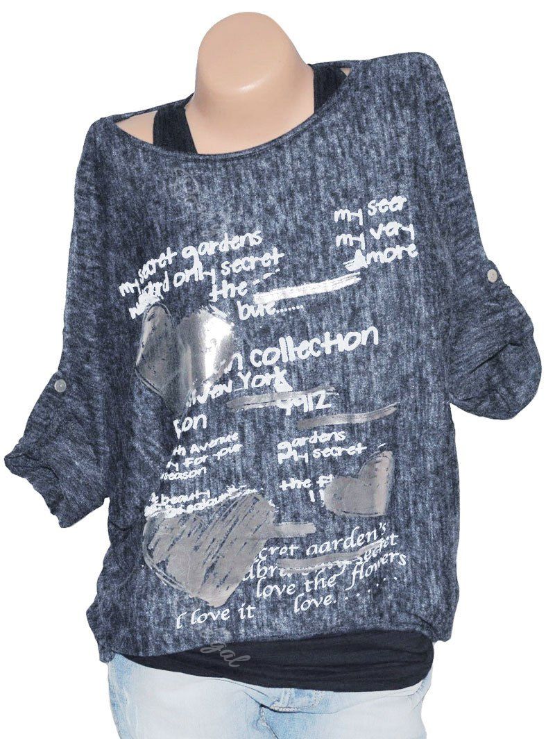 

Plus Size Heathered Graphic Batwing Roll Sleeve Top, Lapis blue