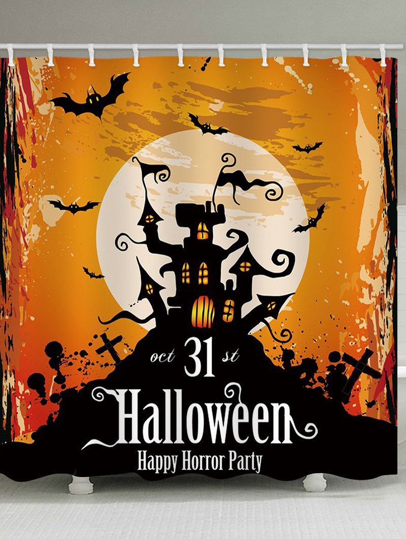 

Halloween Moon Night Castle Printed Waterproof Bathroom Shower Curtain, Halloween orange