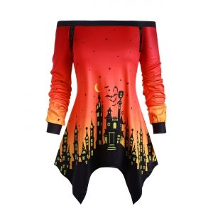 

Plus Size Halloween Bat Castle Asymmetrical Off The Shoulder Top, Orange