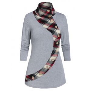 

High Neck Plaid Panel Button T Shirt, Dark gray