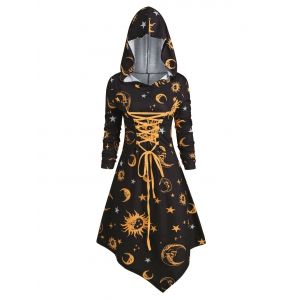 

Skull Sun and Moon Lace Up Halloween Asymmetric Dress, Yellow