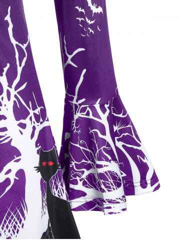 

Plus Size Long Sleeve Bat Print Criss Cross Halloween T Shirt, Purple iris