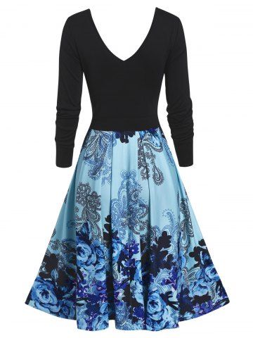 

Ditsy Print Plunging Neck Fit And Flare Dress, Light sky blue