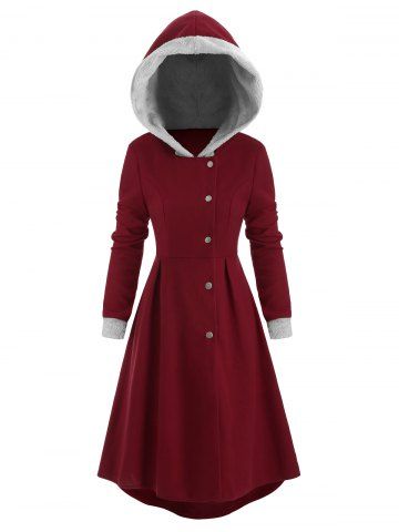 Manteau à Capuche Haut Bas Ourlet Fourré à Boutons-pression - RED WINE - L