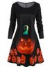 Long Sleeve Pumpkin Halloween Plus Size Mini Dress -  