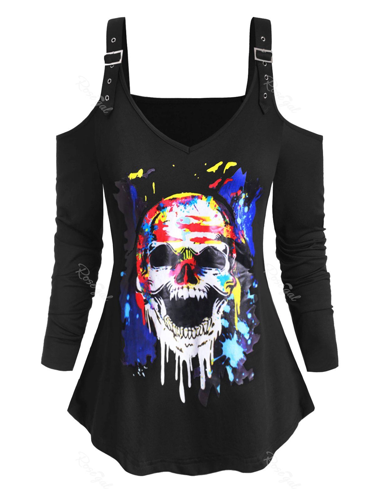 

Scary Skull Buckle Cold Shoulder Halloween Plus Size Tee, Black