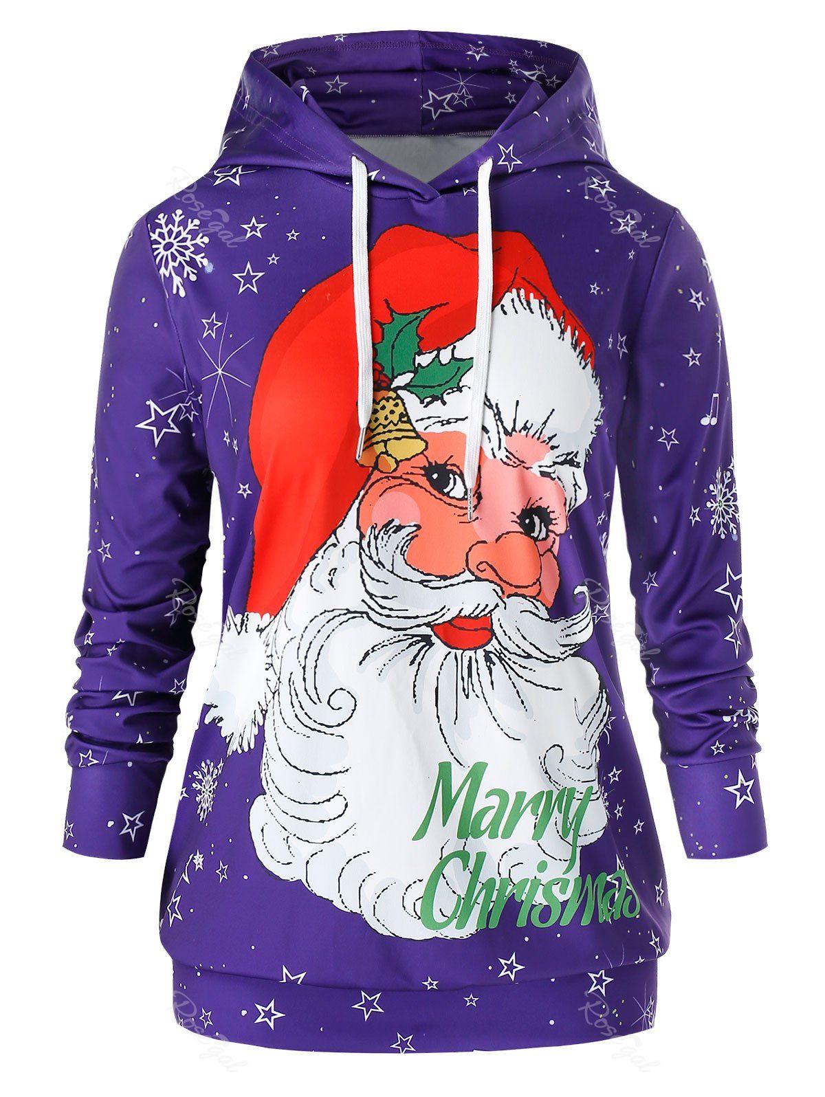 

Plus Size Christmas Santa Claus Snowflake Drawstring Hoodie, Purple