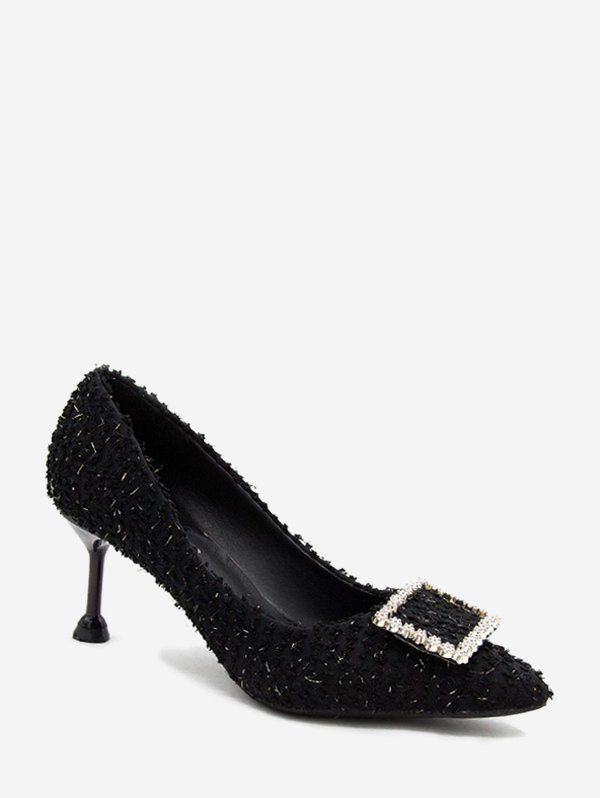 

High Heel Metal Buckle Frayed Pumps, Black