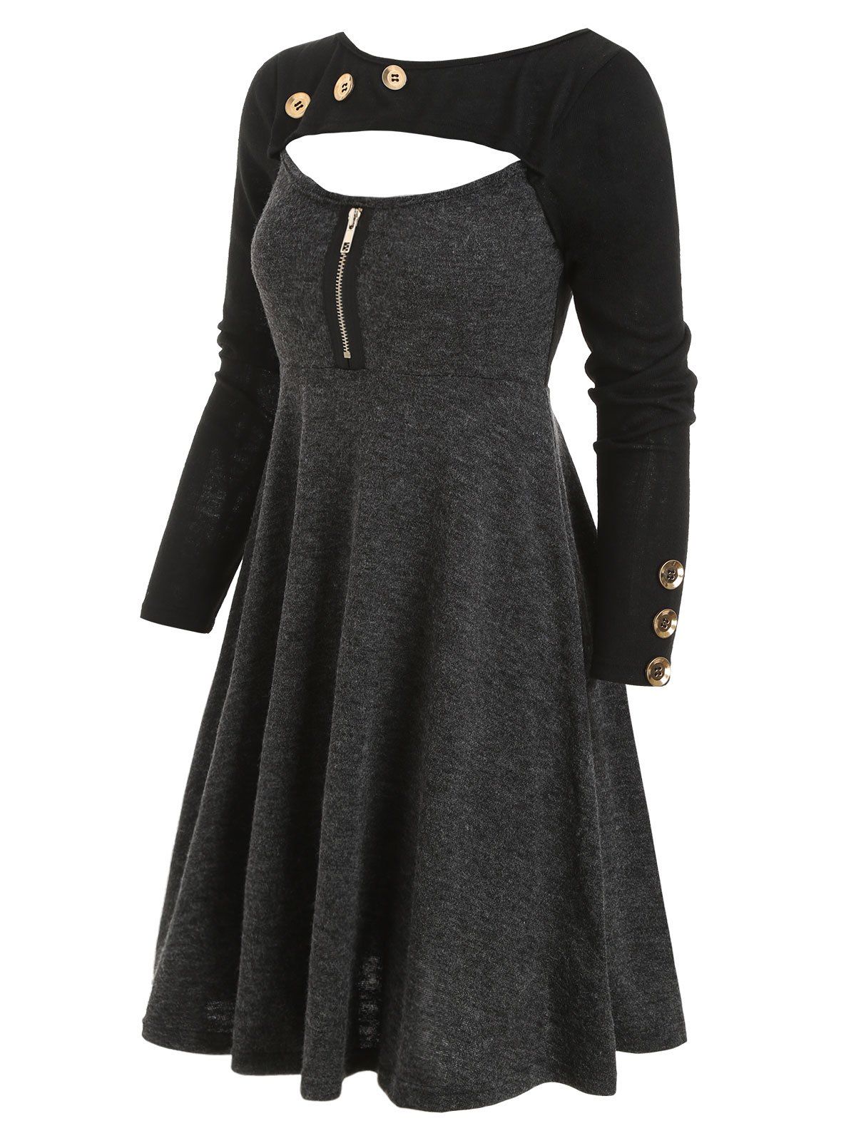 

Zipper Button Embellished Contrast Cut Out Sweater, Gray