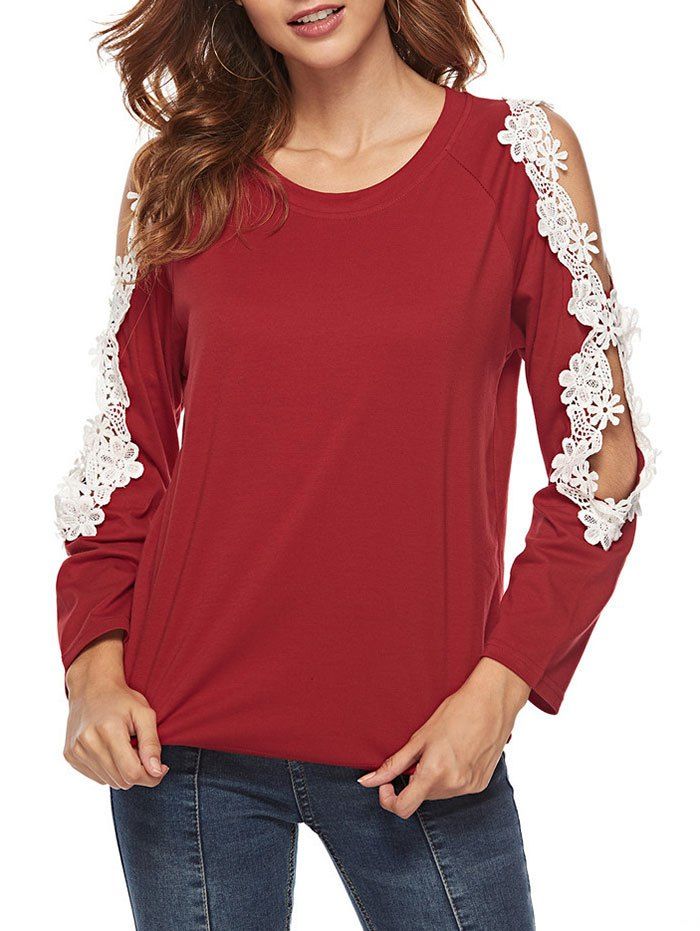 

Lace Applique Cutout Cold Shoulder Top, Red