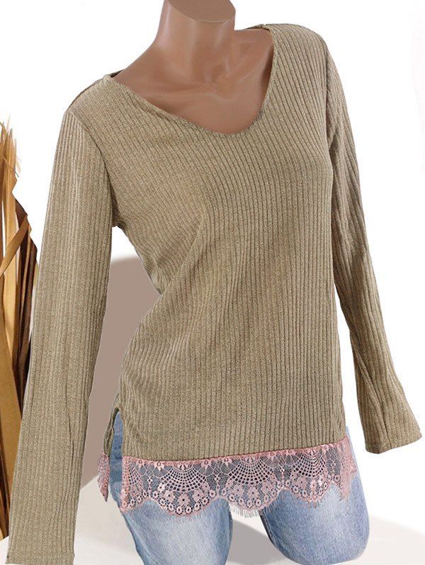 

V Neck Lace Hem Ribbed Tunic Knitwear, Light khaki