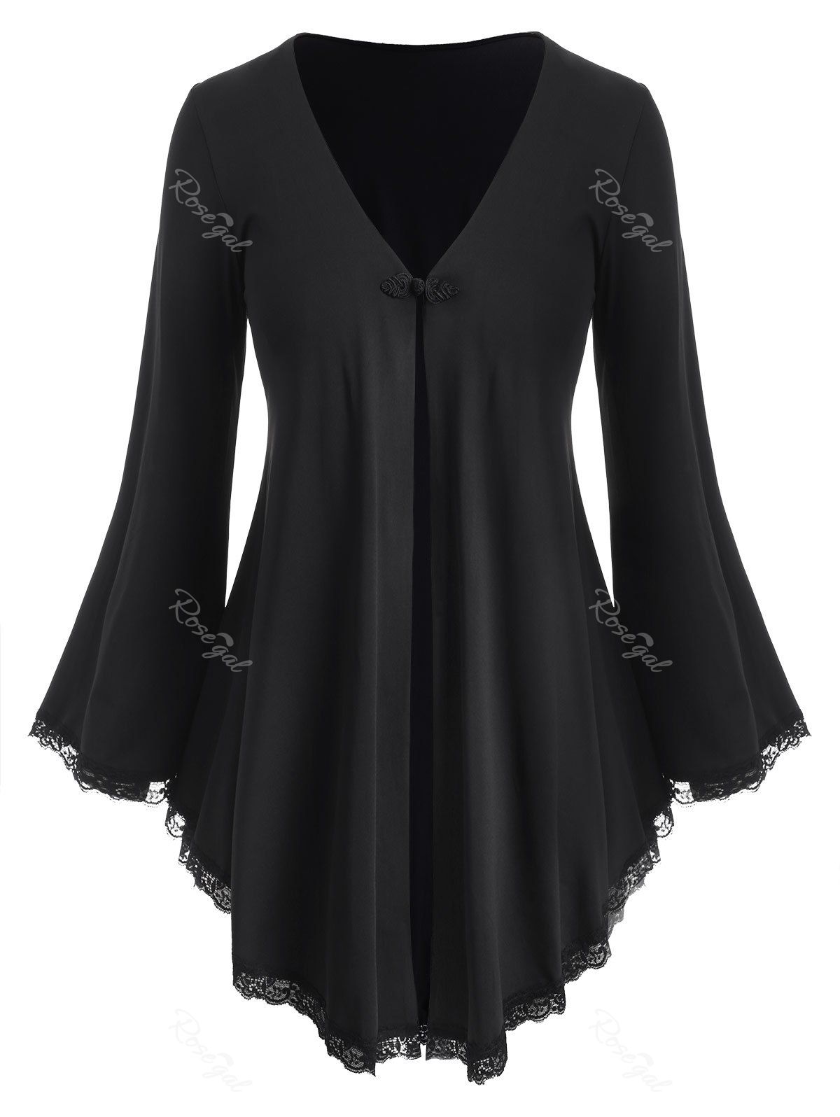 

Plus Size Lace Trim Frog Button Lace-up Top, Black