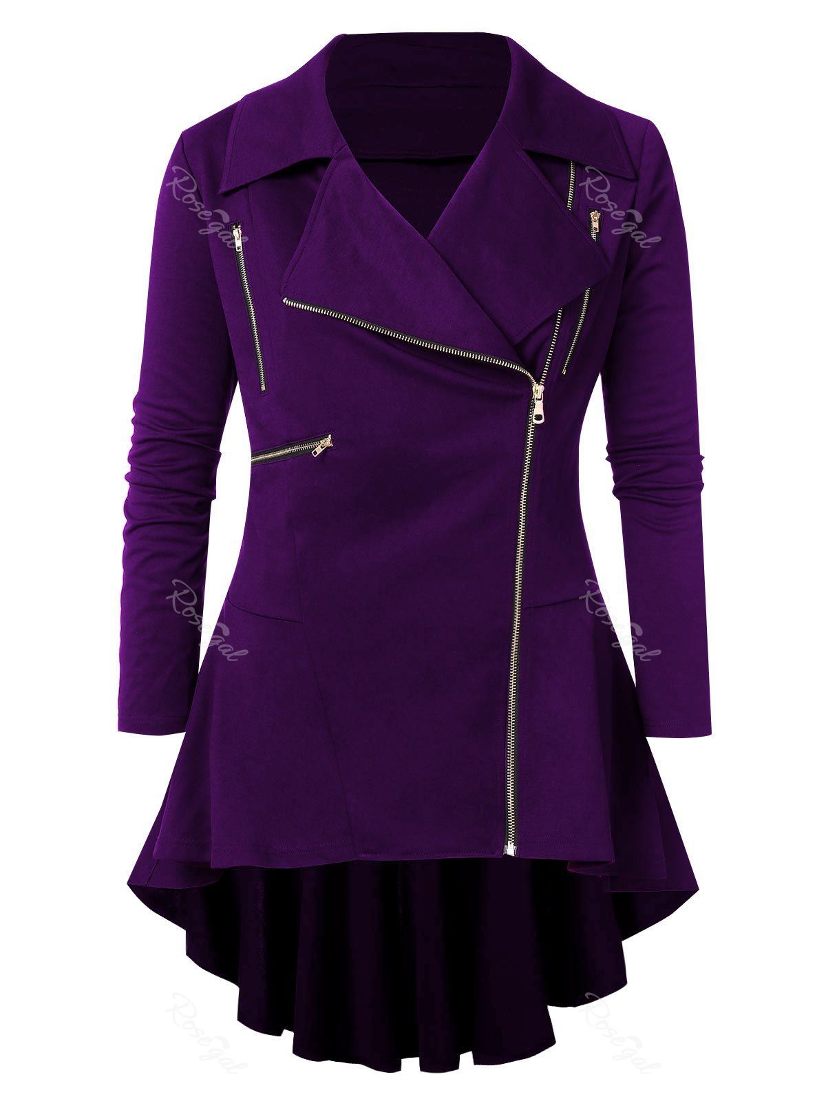 

Plus Size Zipper Embellished High Low Coat, Purple iris